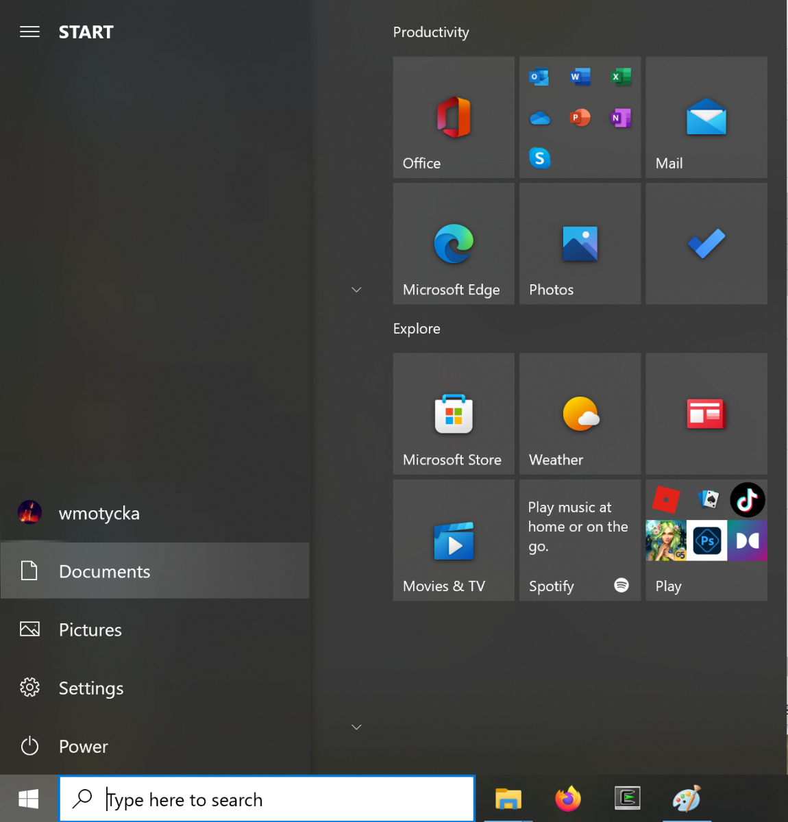 Start menu view of Windows 10